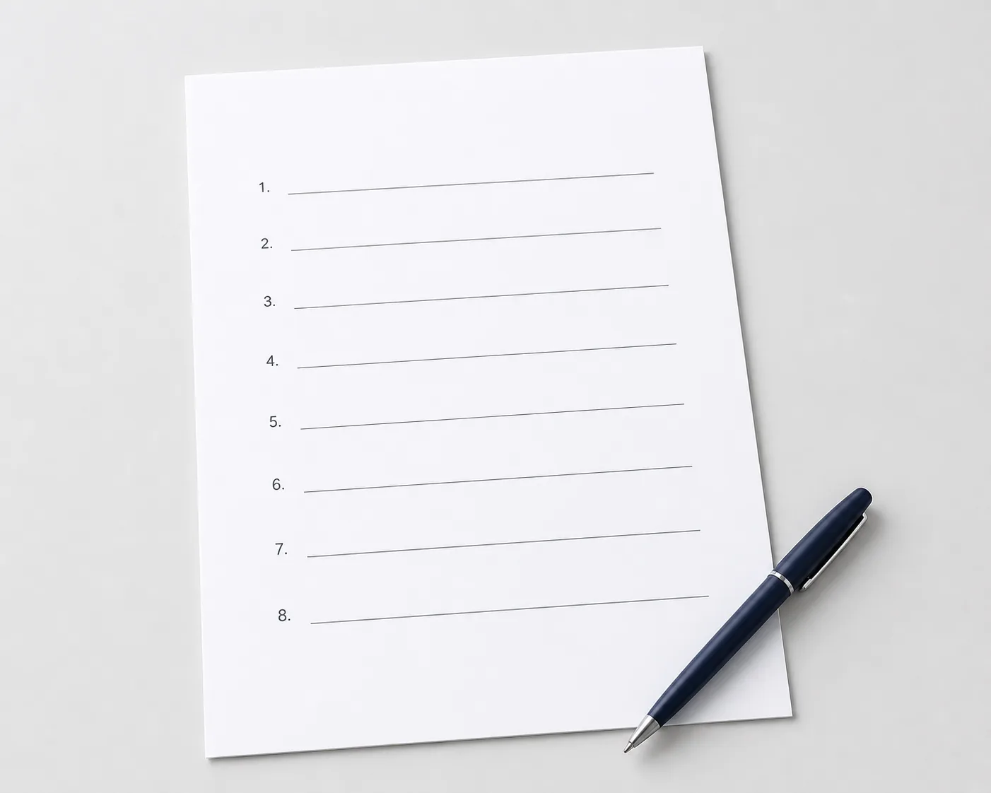 Clean document with eight numbered lines and a pen on a white desk — AI governance policy framework for small businesses