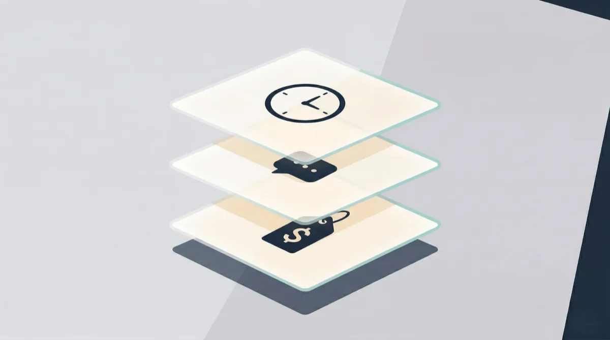 Three transparent layers representing AI agent cost structure — platform, messaging, and time