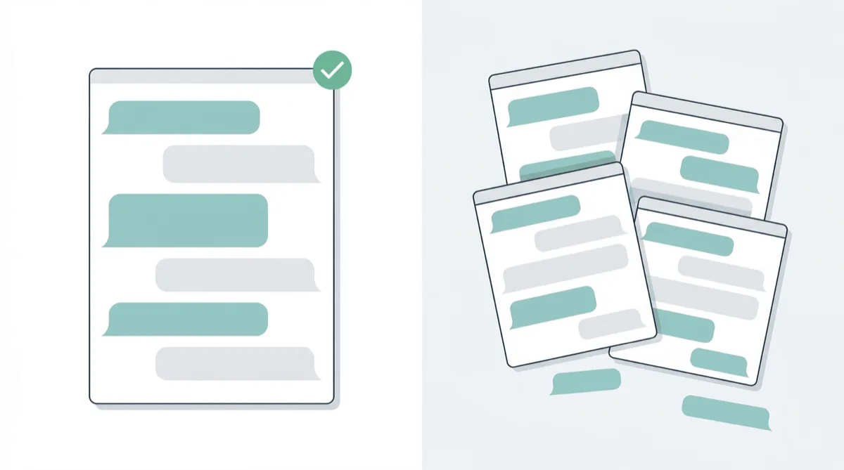 Single organized chat window versus multiple scattered windows — focused vs fragmented approach