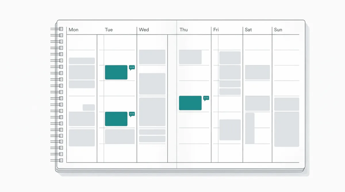 Appointment calendar with highlighted bookings and chat bubble icons — AI capturing clinic and salon appointments