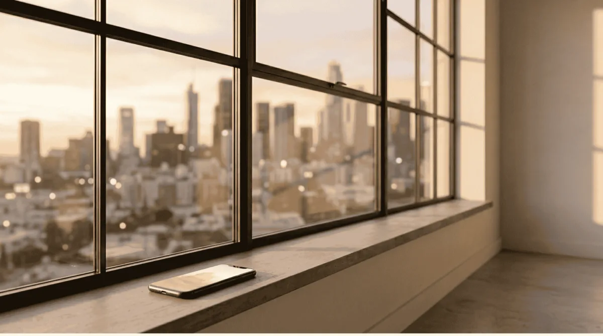 City skyline through apartment window with smartphone on windowsill — AI capturing real estate leads