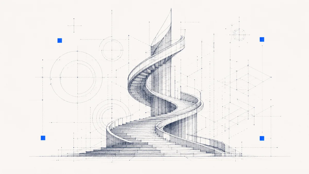 Abstract AI-first Gulf vision motif for UAE SMEs — a rising step curve on a navy-to-blue gradient