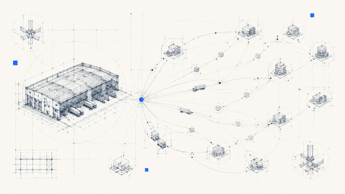 Abstract logistics and e-commerce fulfilment AI customer service motif — parcel and tracking nodes routing along a delivery path on a navy-to-teal gradient