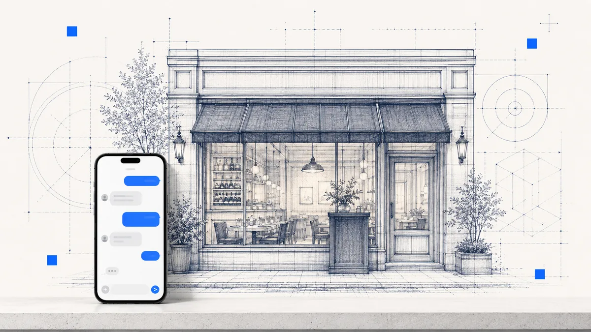 Abstract AI customer service motif for UAE restaurants and F&B — overlapping chat forms on a navy-to-blue gradient