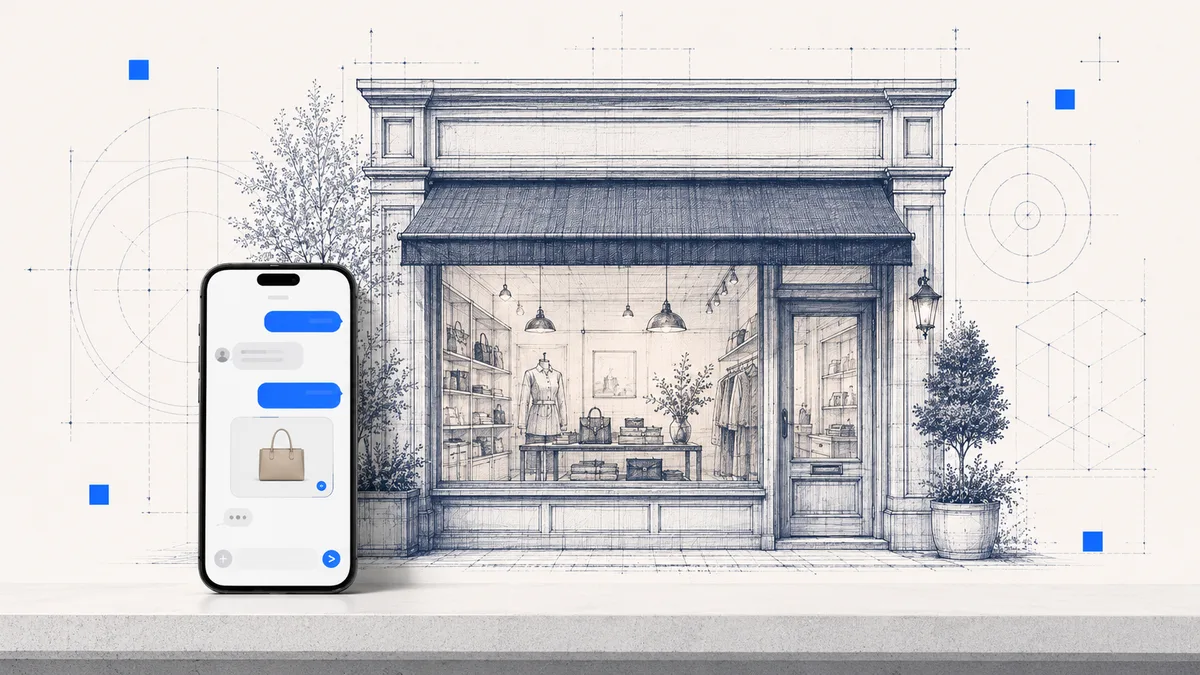 Abstract retail commerce motif for UAE e-commerce AI — a routed line connecting browse and buy nodes on a navy-to-blue gradient