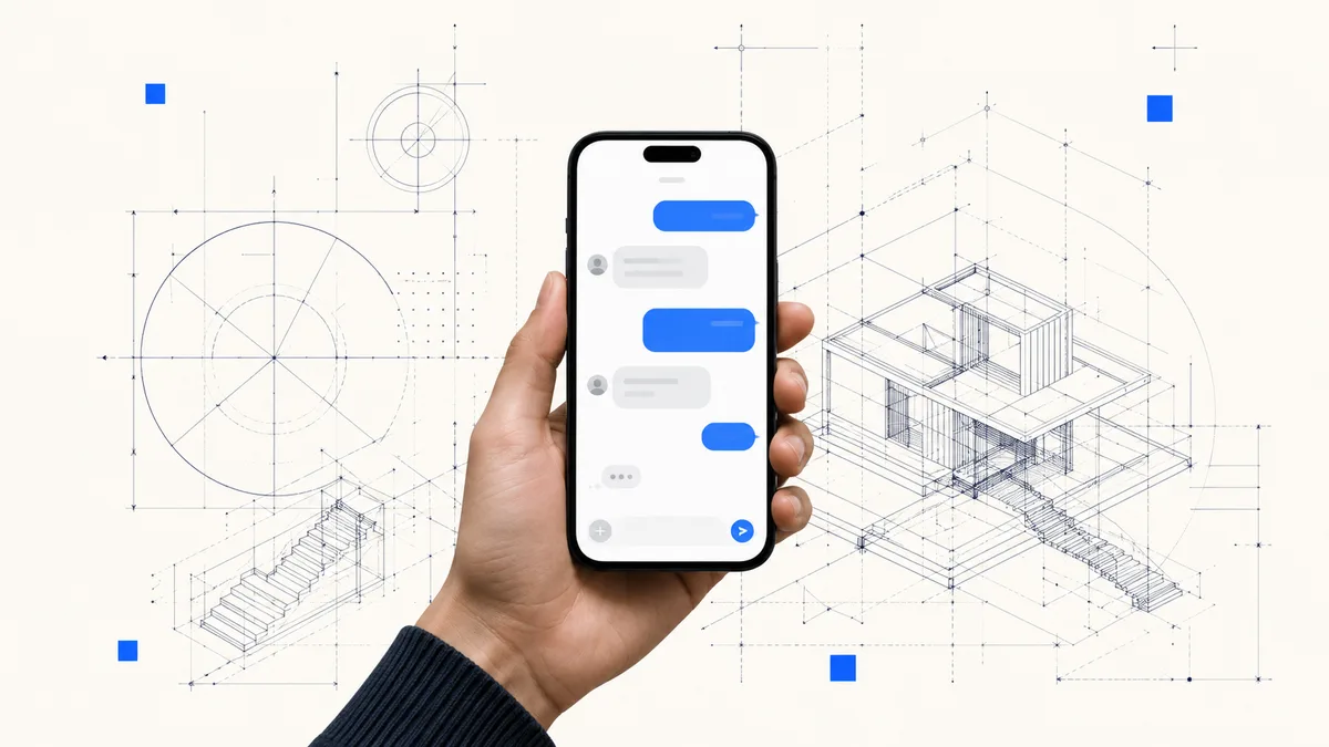 Abstract WhatsApp customer service motif for UAE businesses — overlapping chat forms on a navy-to-blue gradient