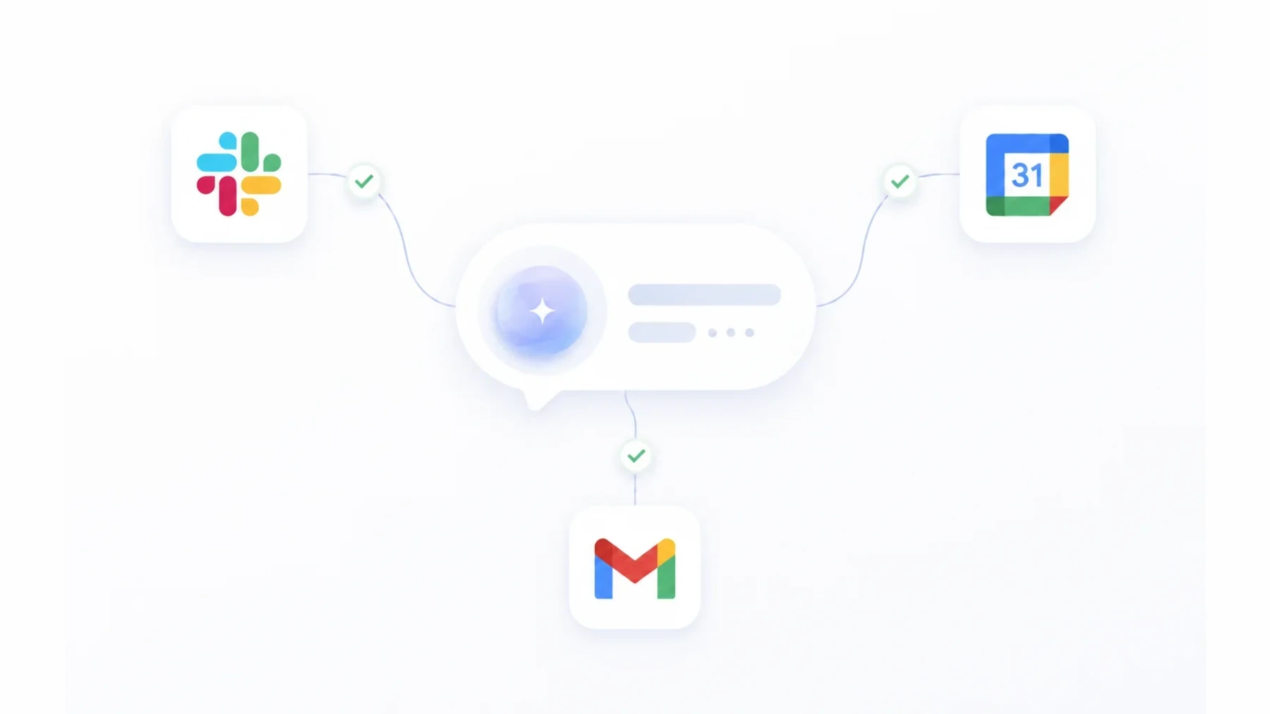 Illustration of an Omago AI assistant chat bubble connected to Slack, Google Calendar, and Gmail icons, each with a green checkmark