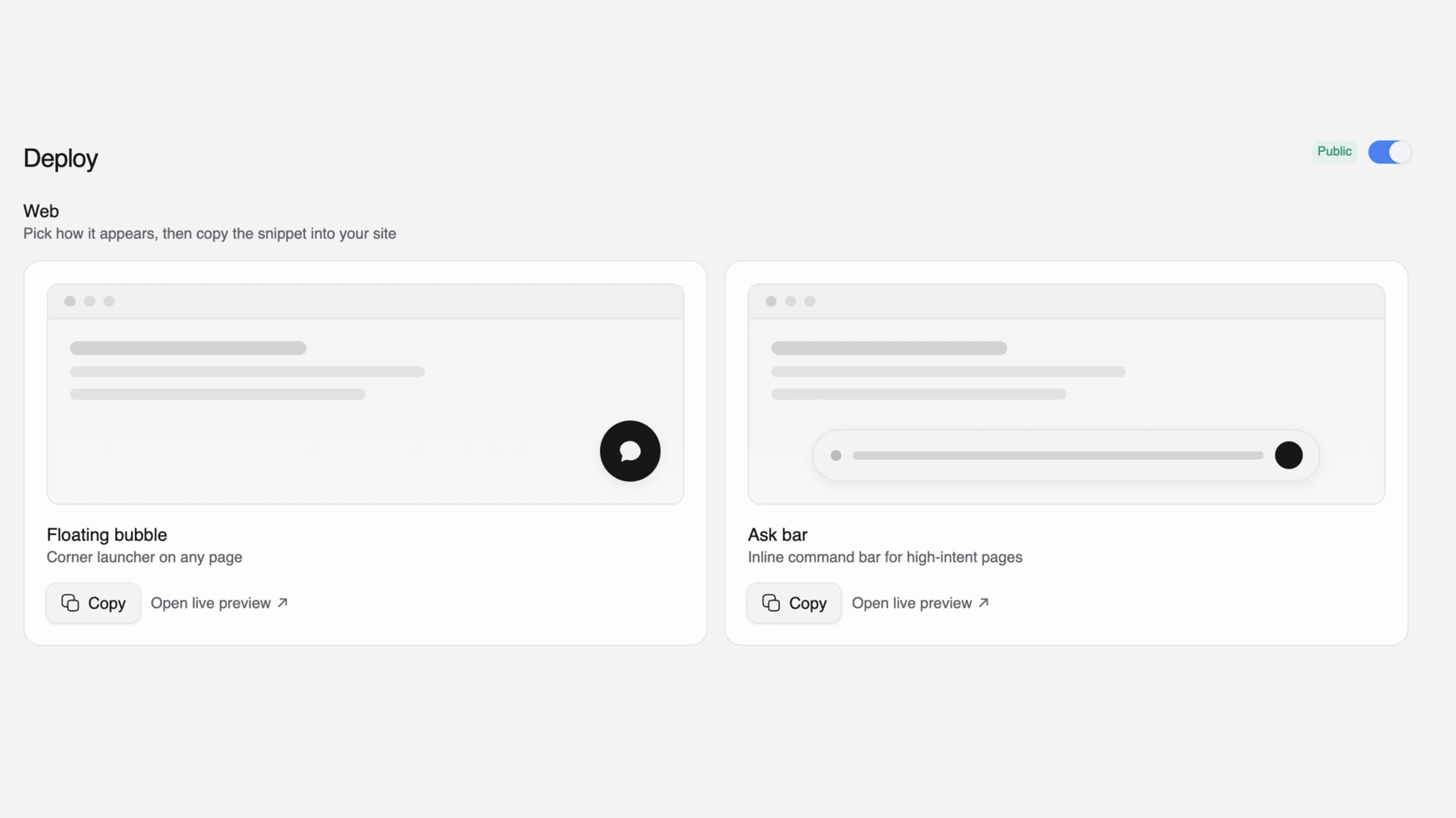 Omago Deploy settings, Web section — two style cards side by side: 'Floating bubble' (corner launcher) on the left and 'Ask bar' (inline command bar) on the right, each with a Copy button and live preview link